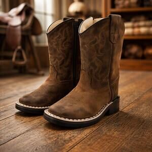 OLD WEST Toddler Brown Western Style Cowboy Boots with Stitch Detailing Size 4